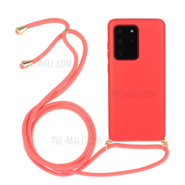Back Case Wheat Straw + TPU Shockproof Phone Cover with Adjustable Lanyard for Samsung Galaxy S20 Ultra