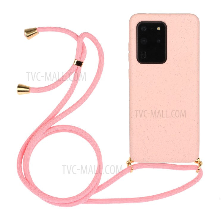 Back Case Wheat Straw + TPU Shockproof Phone Cover with Adjustable Lanyard for Samsung Galaxy S20 Ultra