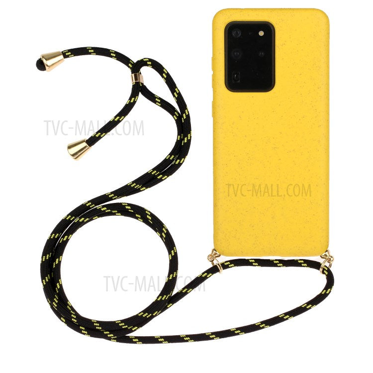 Back Case Wheat Straw + TPU Shockproof Phone Cover with Adjustable Lanyard for Samsung Galaxy S20 Ultra
