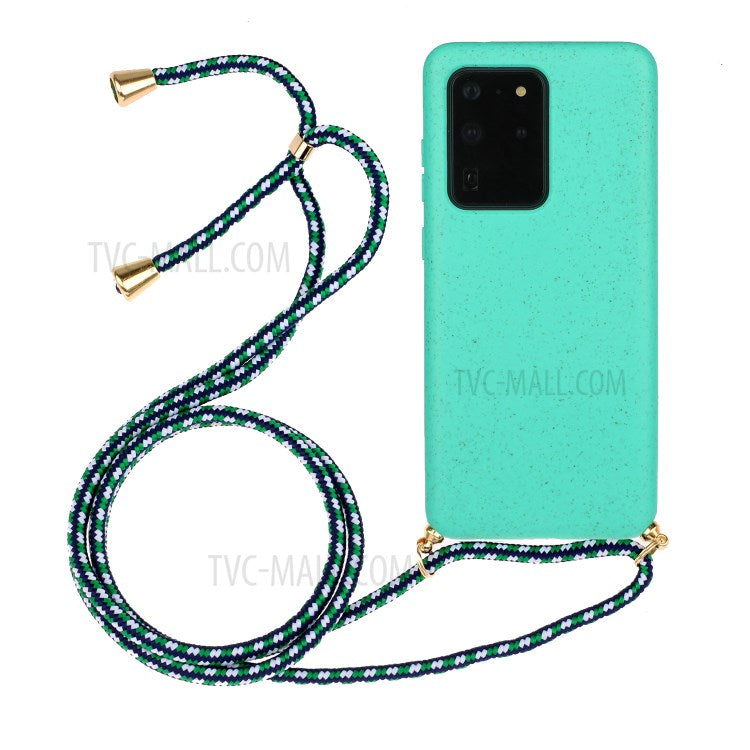 Back Case Wheat Straw + TPU Shockproof Phone Cover with Adjustable Lanyard for Samsung Galaxy S20 Ultra
