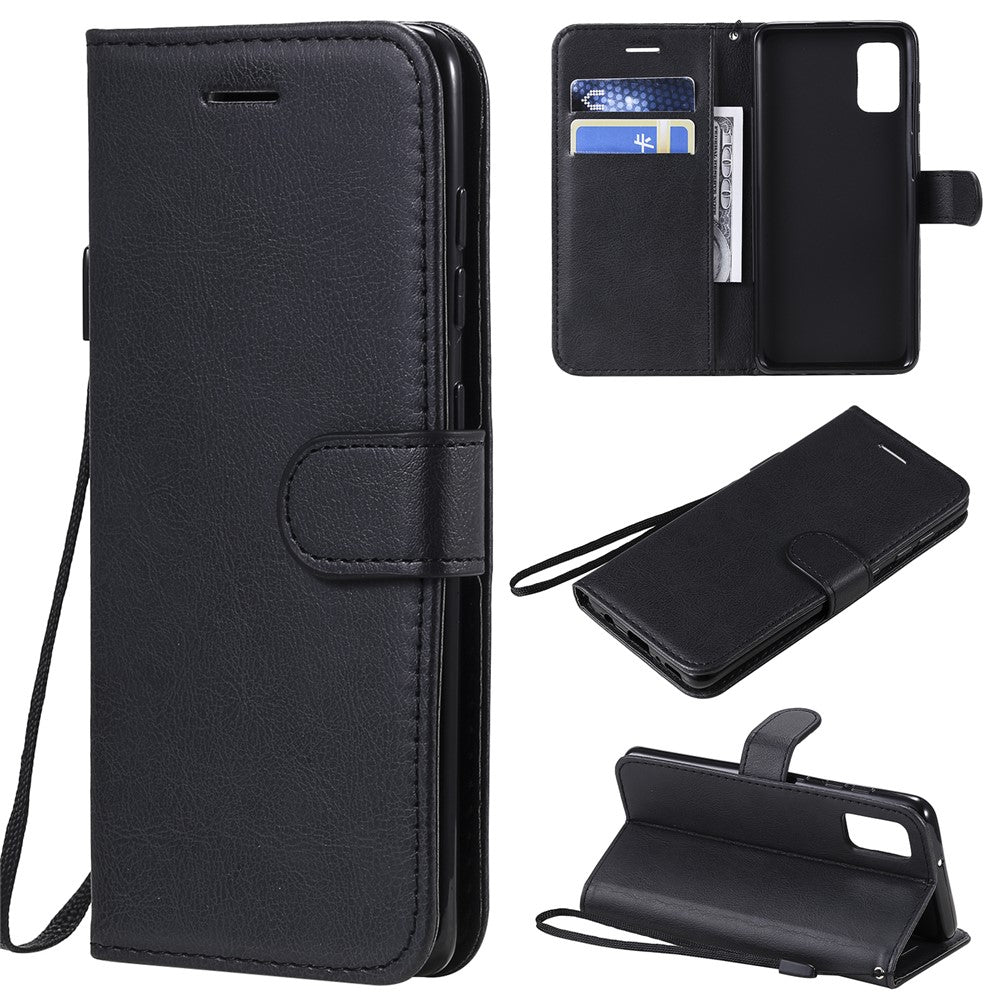 For Samsung Galaxy A41 (Global Version) Case Solid Color Leather Mobile Cover Wallet Stand with Strap