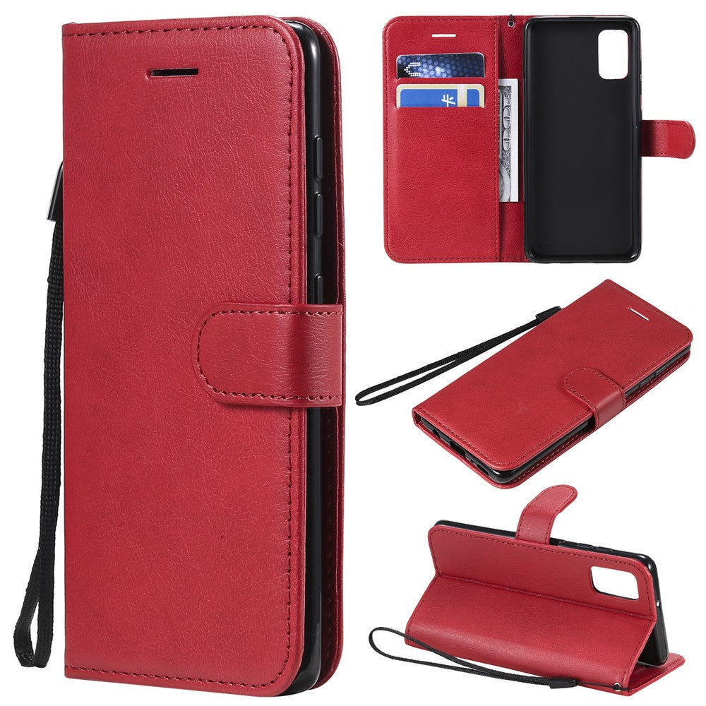 For Samsung Galaxy A41 (Global Version) Case Solid Color Leather Mobile Cover Wallet Stand with Strap