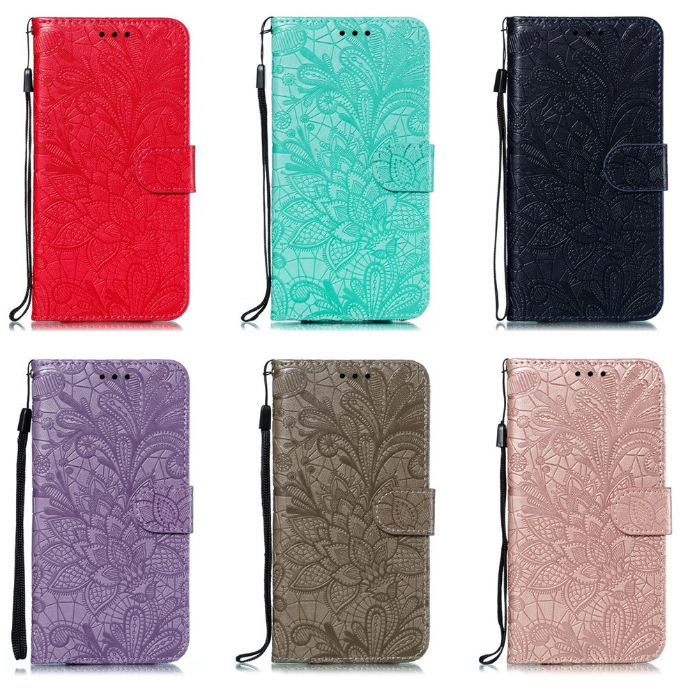 Præget blondeblomst læderpung-etui med stativ til Samsung Galaxy A41 (global version)