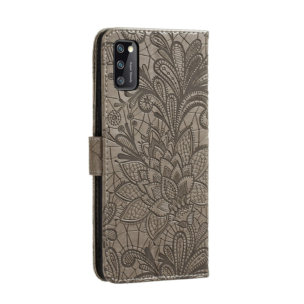 Præget blondeblomst læderpung-etui med stativ til Samsung Galaxy A41 (global version)