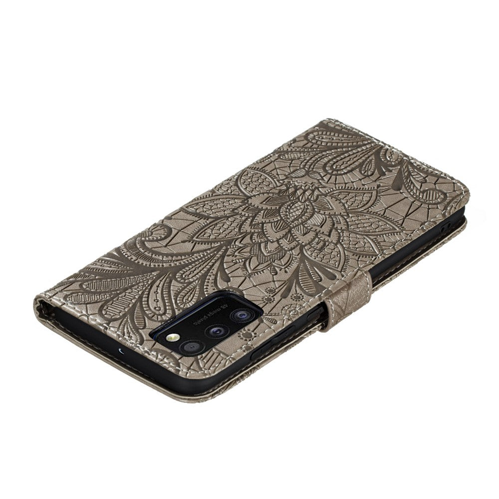 Præget blondeblomst læderpung-etui med stativ til Samsung Galaxy A41 (global version)