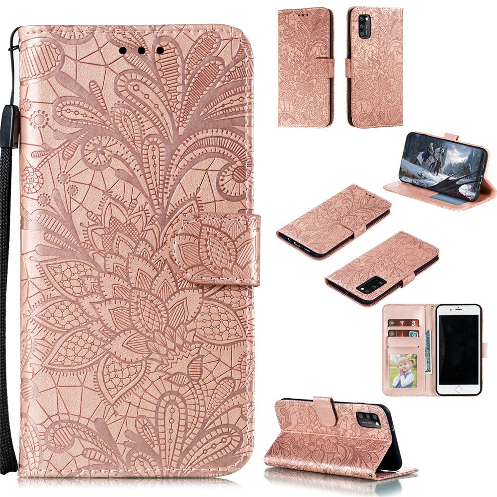 Præget blondeblomst læderpung-etui med stativ til Samsung Galaxy A41 (global version)