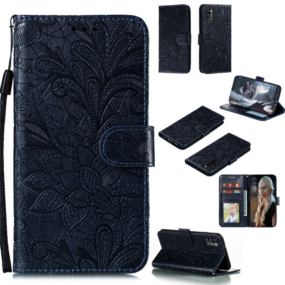 Præget blondeblomst læderpung-etui med stativ til Samsung Galaxy A41 (global version)