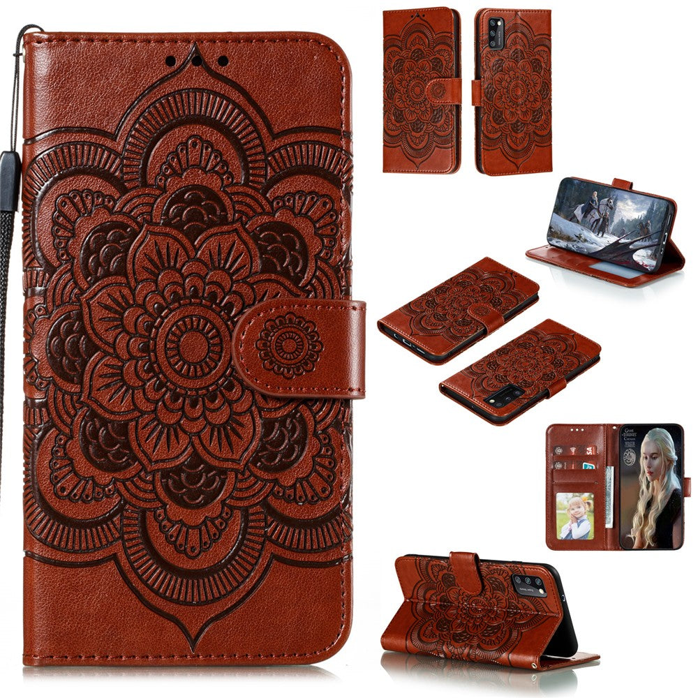 Imprint Mandala Flower Leather Wallet Case with Lanyard for Samsung Galaxy A41 (Global Version)