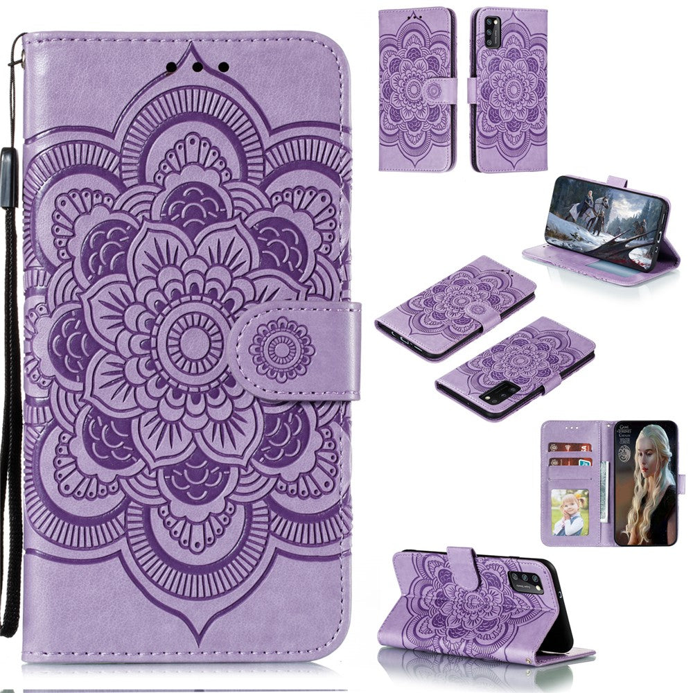 Imprint Mandala Flower Leather Wallet Case with Lanyard for Samsung Galaxy A41 (Global Version)