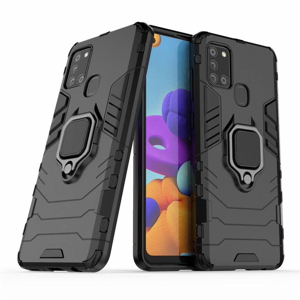 Cool Guard Ring Holder Kickstand PC TPU Hybrid Cover Beskyttende Skal til Samsung Galaxy A21s
