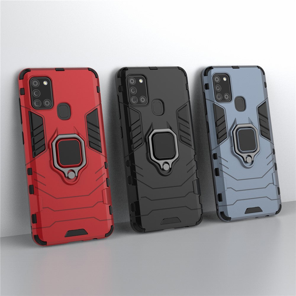 Cool Guard Ring Holder Kickstand PC TPU Hybrid Cover Beskyttende Skal til Samsung Galaxy A21s