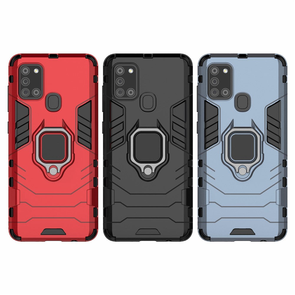 Cool Guard Ring Holder Kickstand PC TPU Hybrid Cover Beskyttende Skal til Samsung Galaxy A21s
