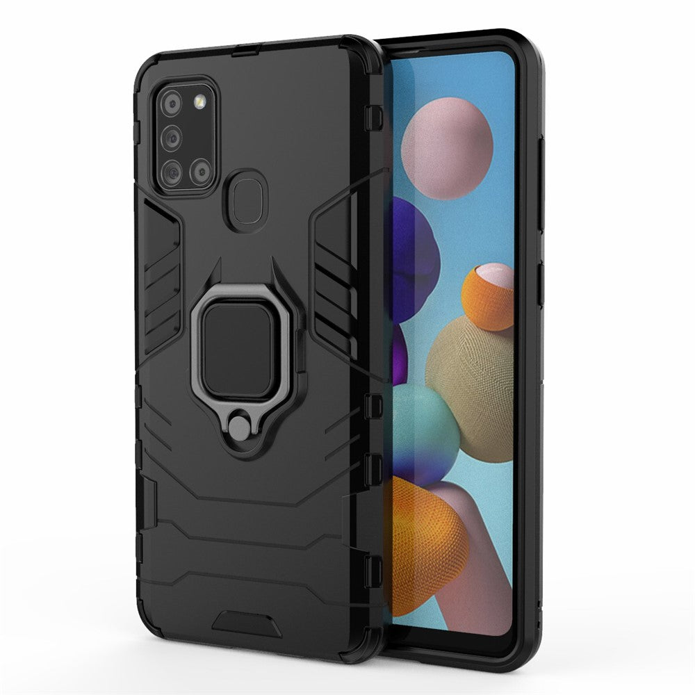 Cool Guard Ring Holder Kickstand PC TPU Hybrid Cover Beskyttende Skal til Samsung Galaxy A21s