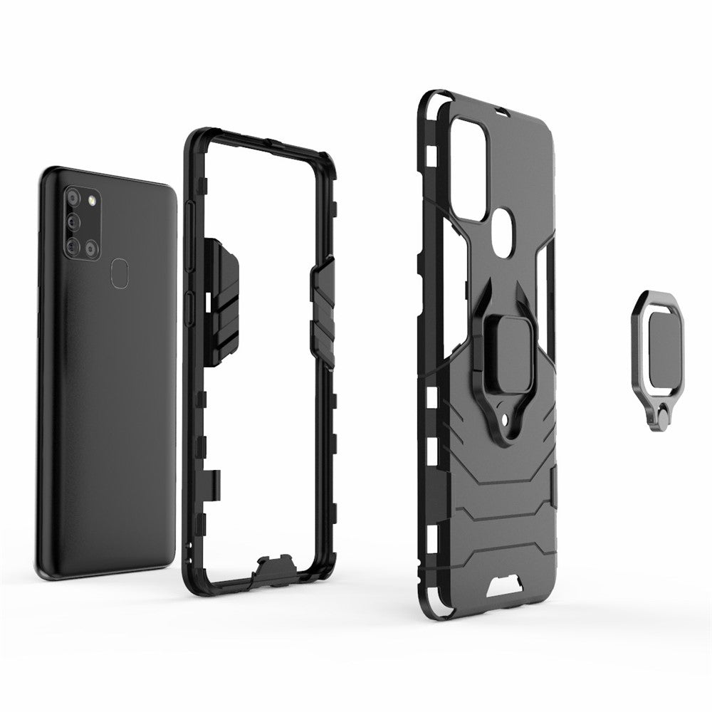 Cool Guard Ring Holder Kickstand PC TPU Hybrid Cover Beskyttende Skal til Samsung Galaxy A21s