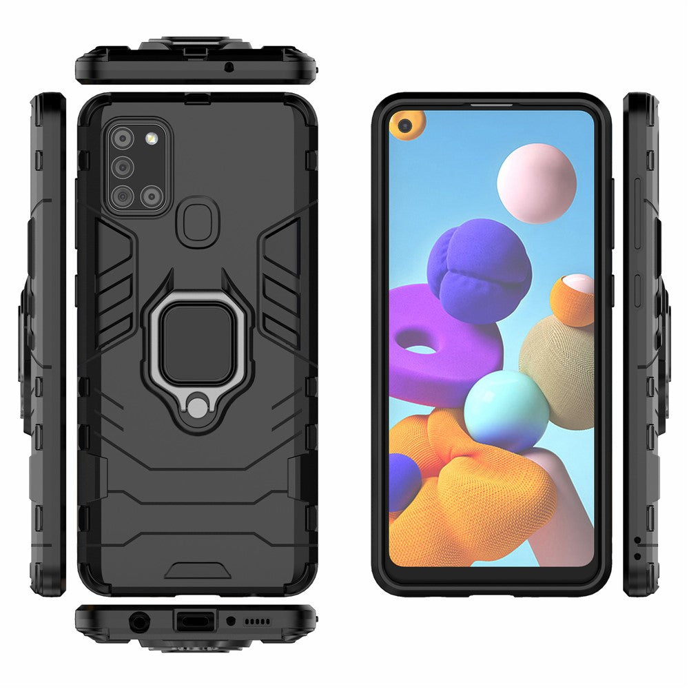 Cool Guard Ring Holder Kickstand PC TPU Hybrid Cover Beskyttende Skal til Samsung Galaxy A21s