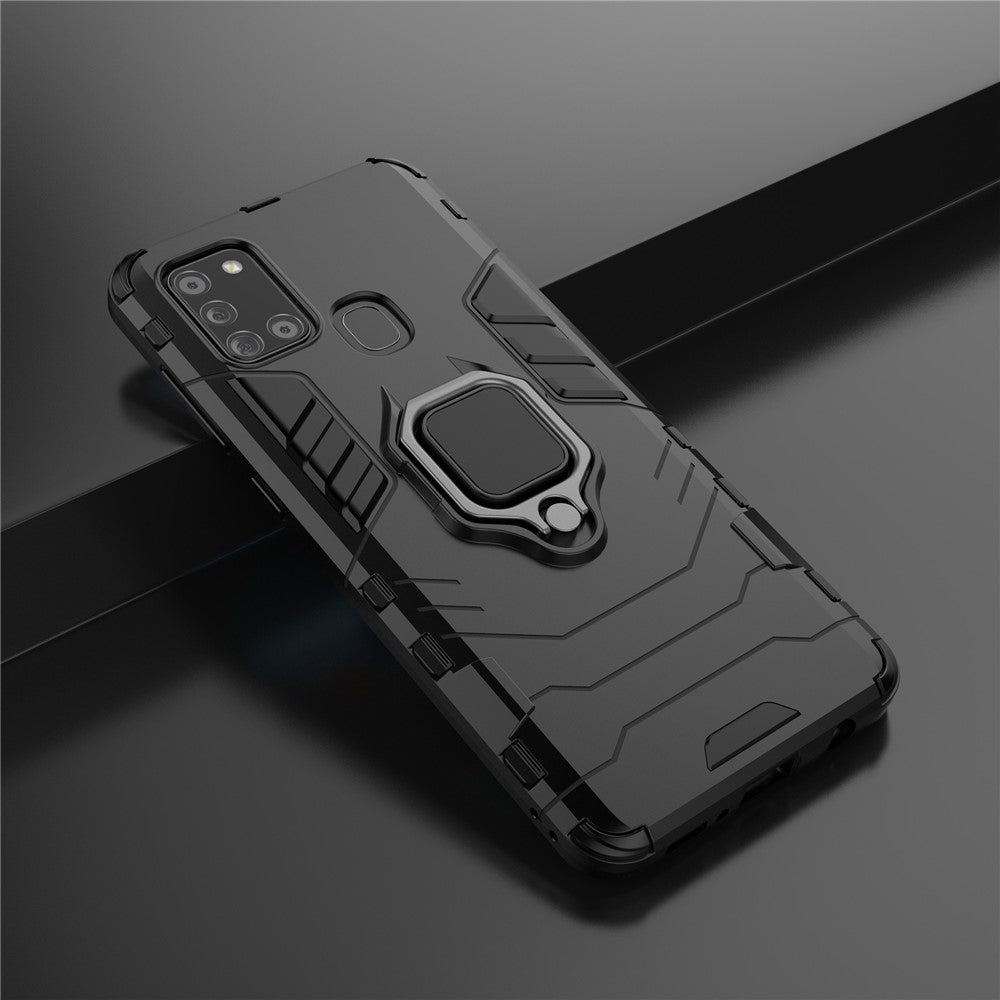 Cool Guard Ring Holder Kickstand PC TPU Hybrid Cover Beskyttende Skal til Samsung Galaxy A21s