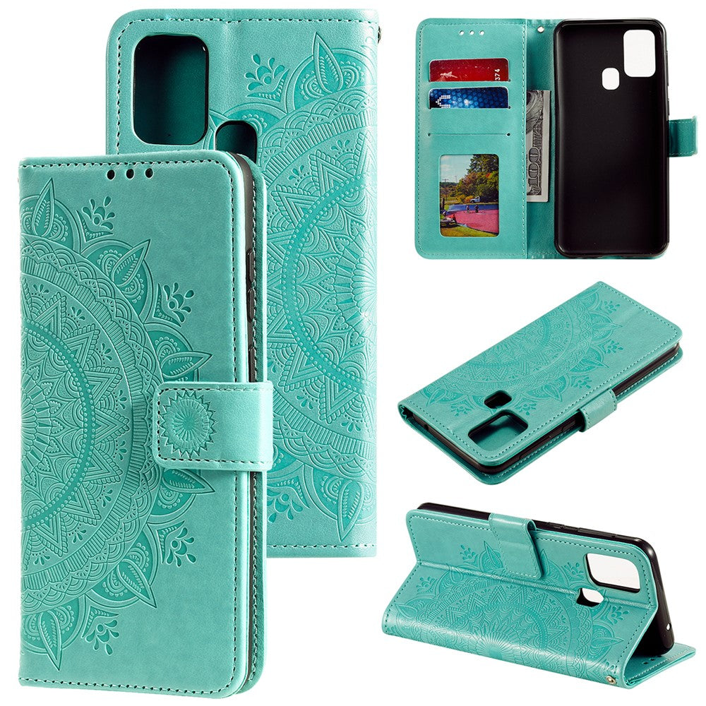 Pung etui med blomster prægning og kortholder til Samsung Galaxy A21s