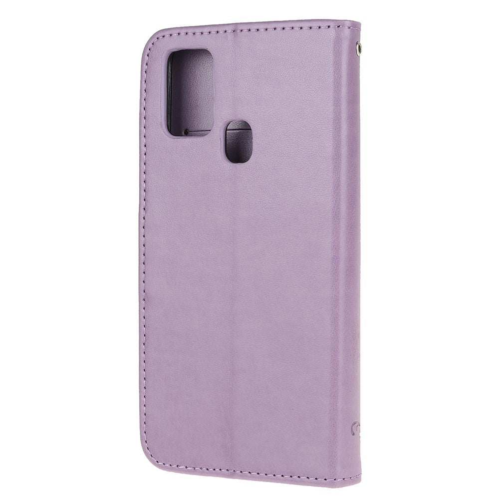Imprint Butterfly Flower PU-læderetui med rem til Samsung Galaxy A21s
