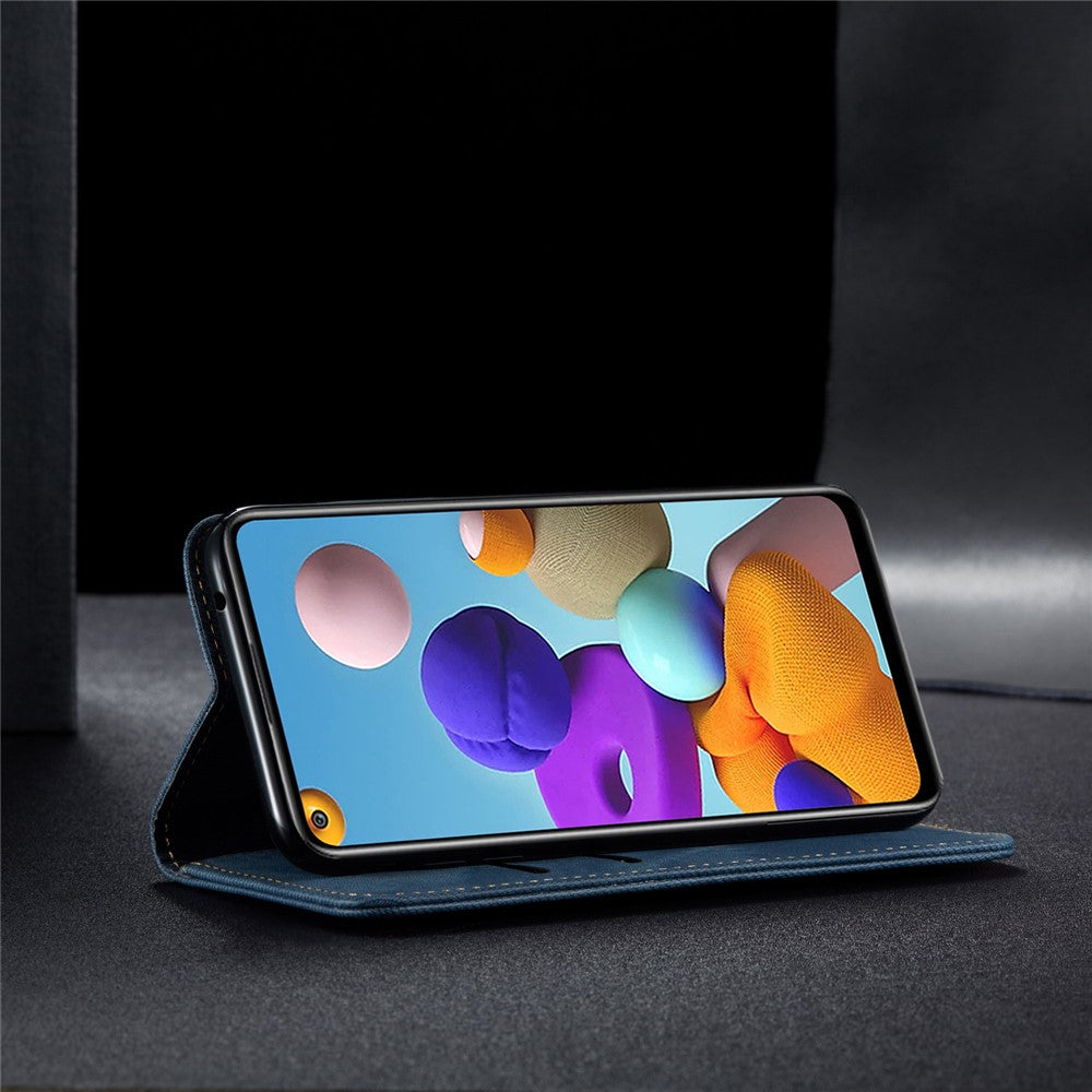 Jeans-stof-lædercover i retrostil til Samsung Galaxy A21s
