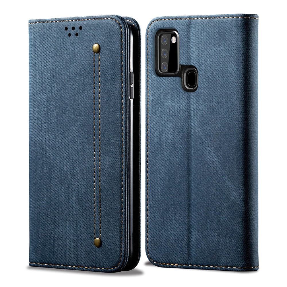 Jeans-stof-lædercover i retrostil til Samsung Galaxy A21s