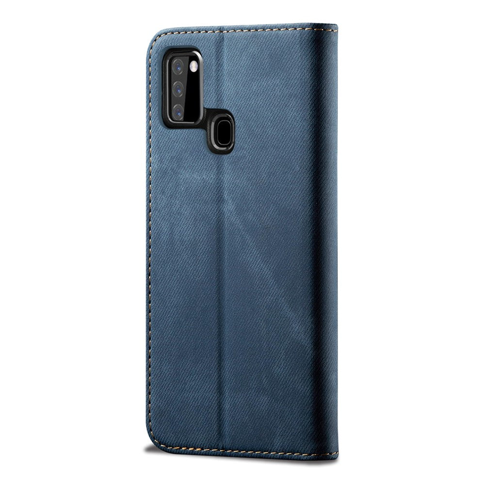 Jeans-stof-lædercover i retrostil til Samsung Galaxy A21s