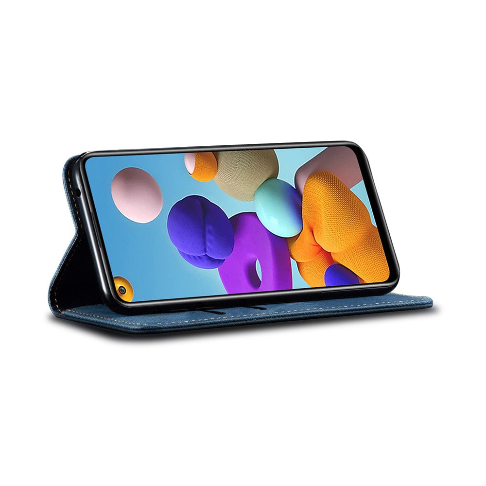 Jeans-stof-lædercover i retrostil til Samsung Galaxy A21s