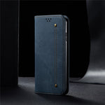 Jeans-stof-lædercover i retrostil til Samsung Galaxy A21s