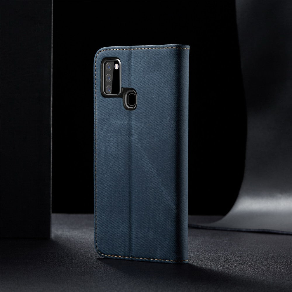 Jeans-stof-lædercover i retrostil til Samsung Galaxy A21s