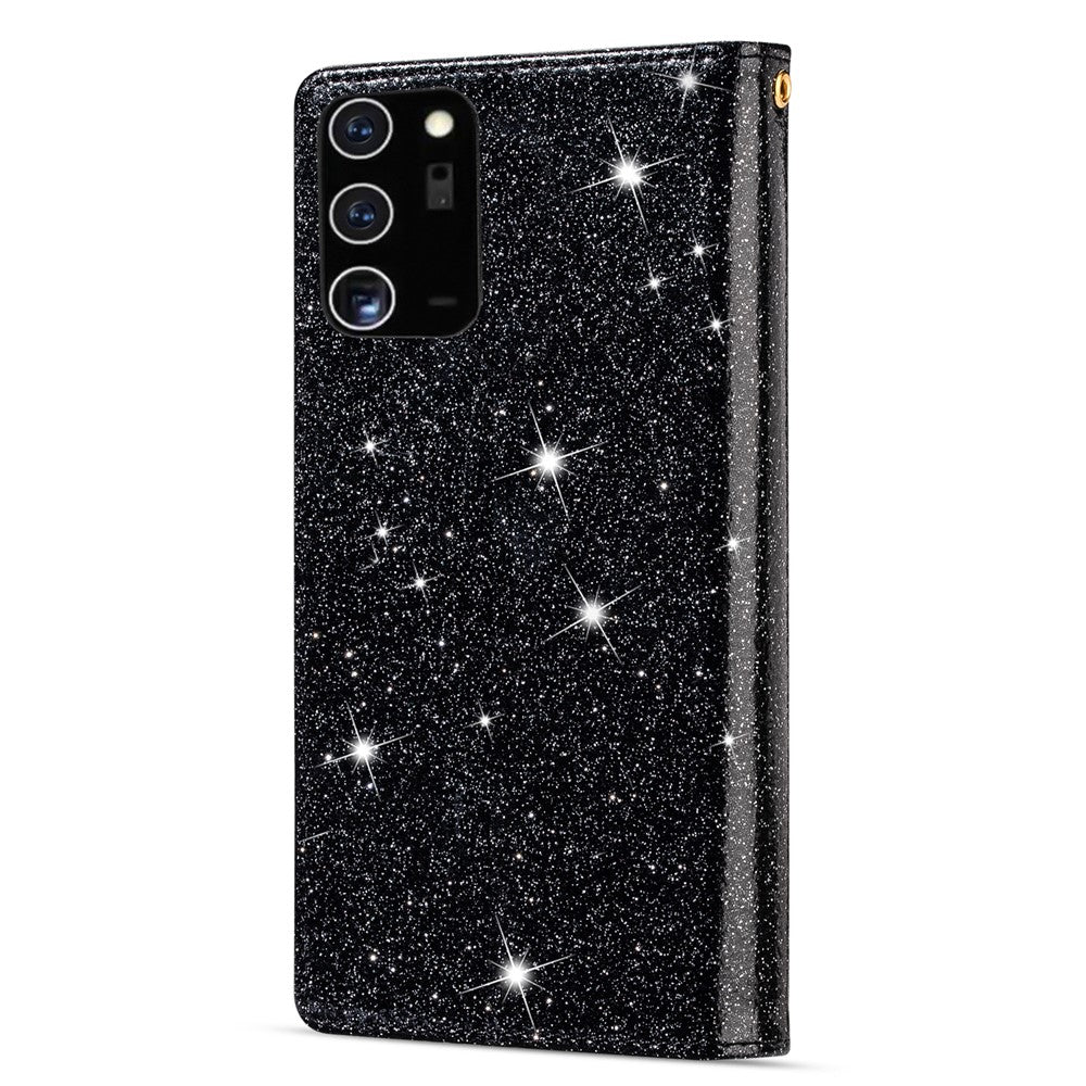 Glittery Starry Style Laserskåret Lynlås Læderetui til Samsung Galaxy Note20 Ultra/Note20 Ultra 5G - Sort