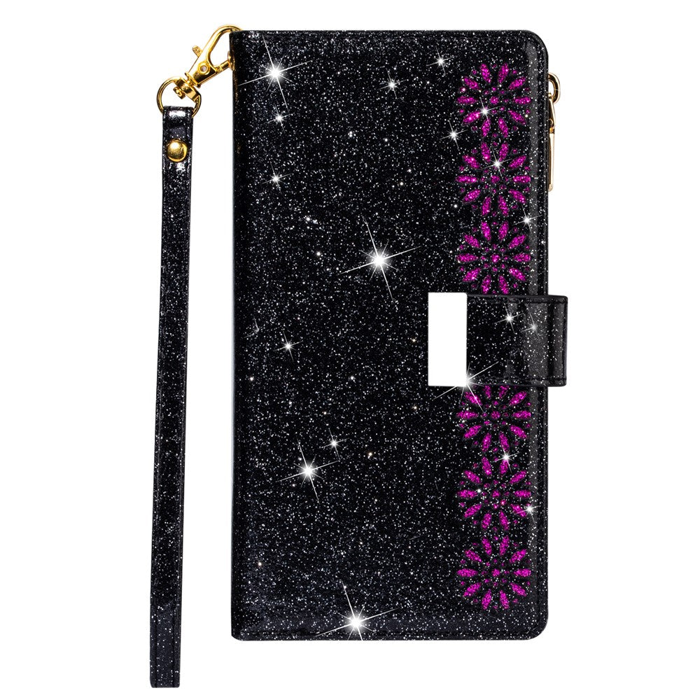 Glittery Starry Style Laserskåret Lynlås Læderetui til Samsung Galaxy Note20 Ultra/Note20 Ultra 5G - Sort
