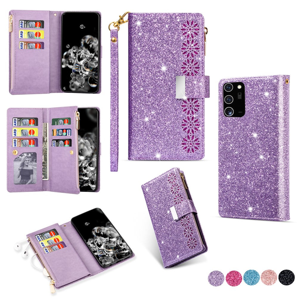 Glittery Starry Style Laserskåret Lynlås Læderetui til Samsung Galaxy Note20 Ultra/Note20 Ultra 5G - Sort