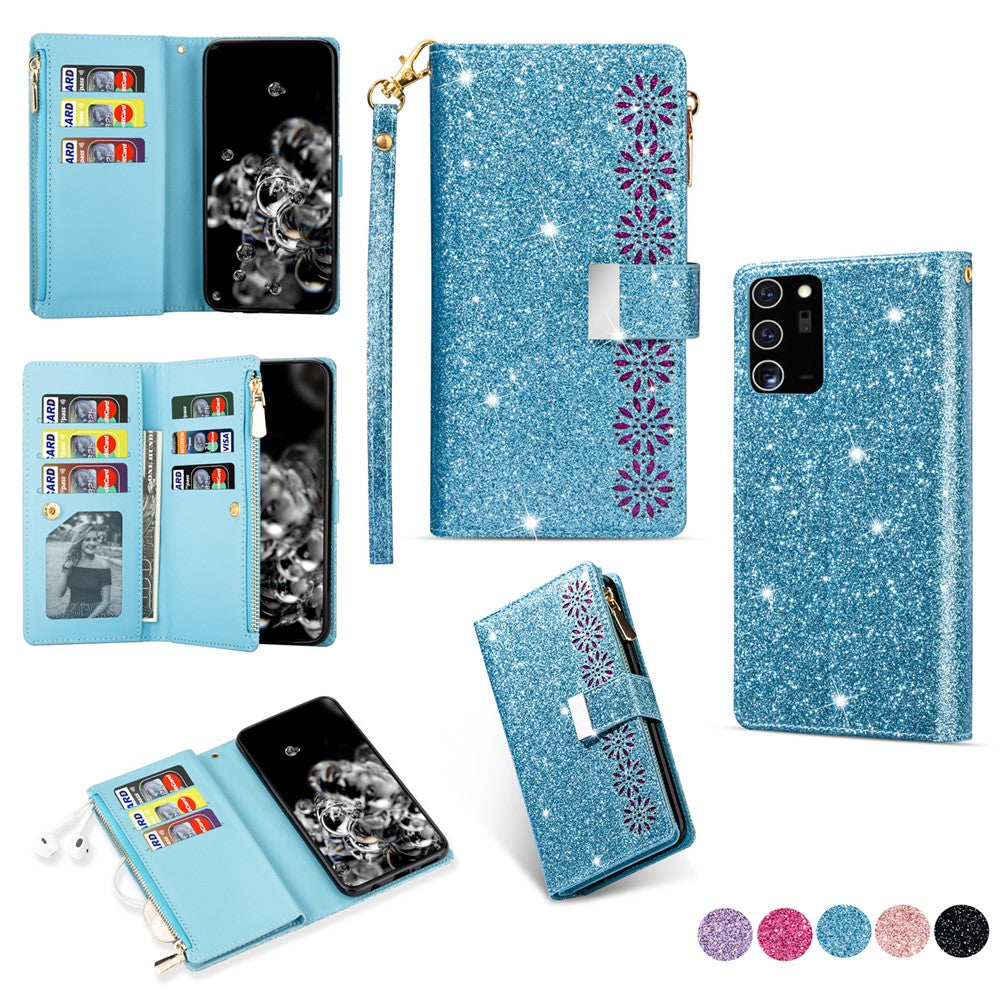 Glittery Starry Style Laserskåret Lynlås Læderetui til Samsung Galaxy Note20 Ultra/Note20 Ultra 5G - Sort