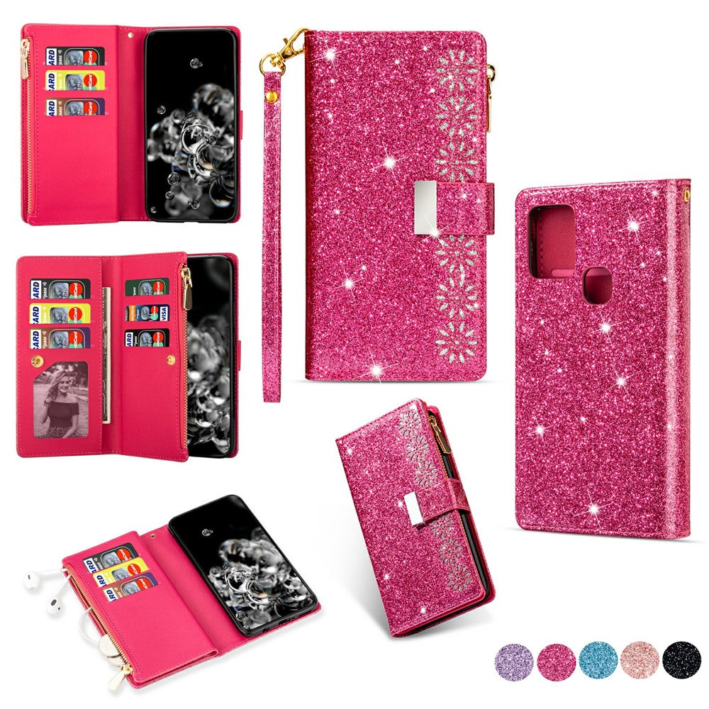 Glittery Starry Style Laser Carving Leather Cover for Samsung Galaxy A21s
