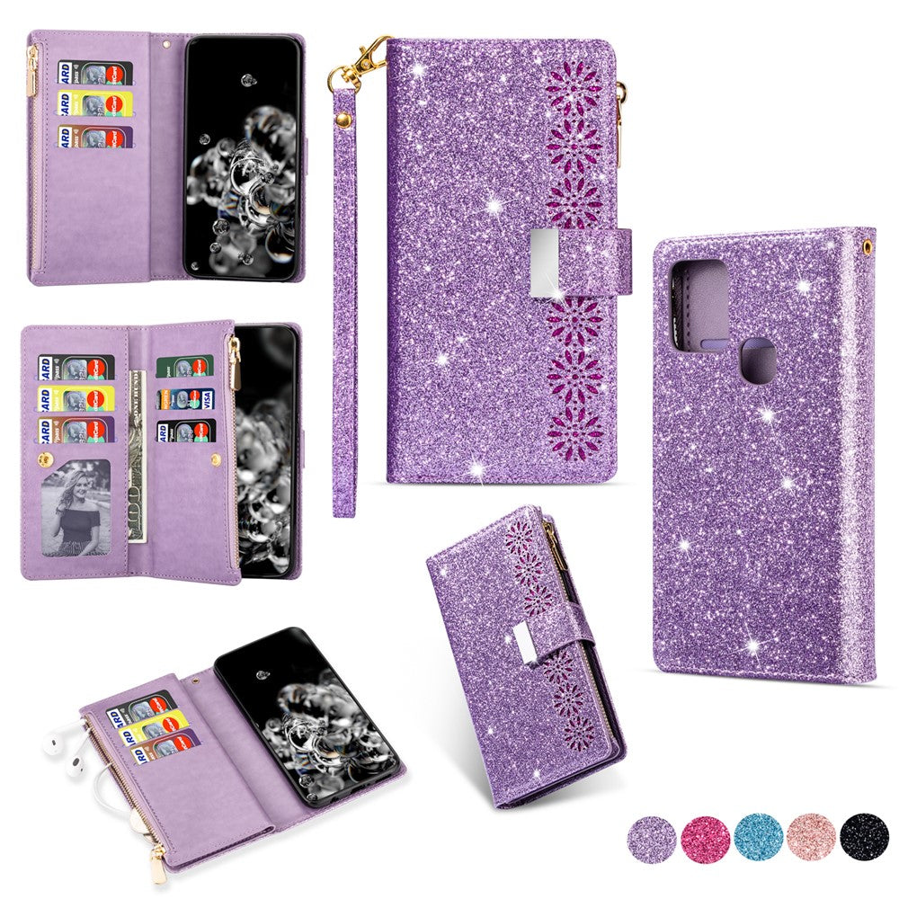 Glittery Starry Style Laser Carving Leather Cover for Samsung Galaxy A21s
