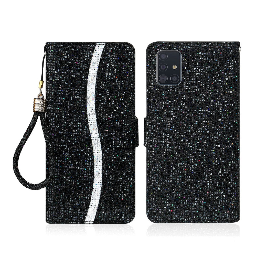 Pungcover i læder med glimmerpulver og stativ til Samsung Galaxy A51 SM-A515
