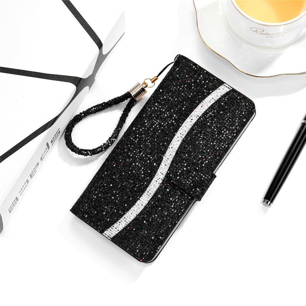 Pungcover i læder med glimmerpulver og stativ til Samsung Galaxy A51 SM-A515