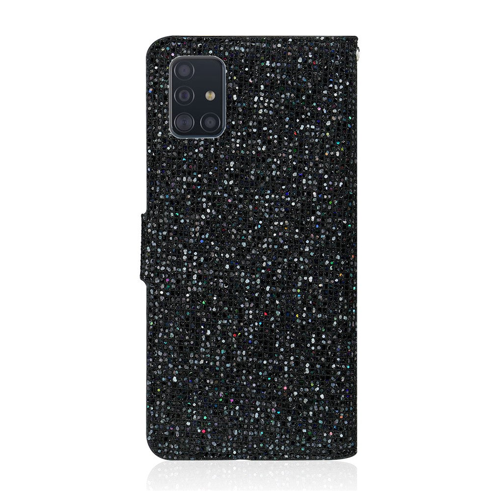 Pungcover i læder med glimmerpulver og stativ til Samsung Galaxy A51 SM-A515