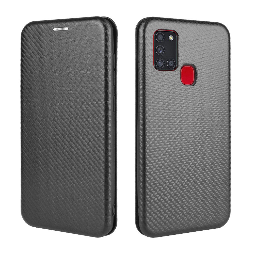 Carbon Fiber Card Slot Auto-absorbed Leather Cover for Samsung Galaxy A21s