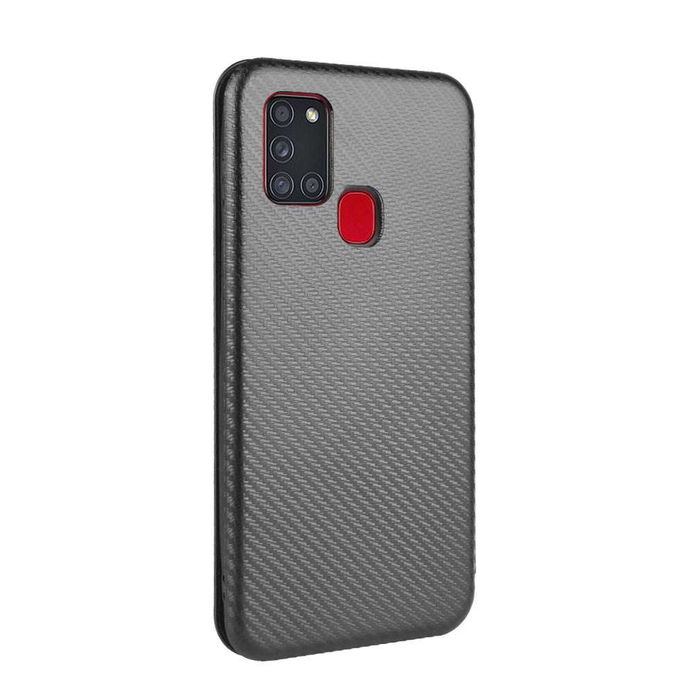 Carbon Fiber Card Slot Auto-absorbed Leather Cover for Samsung Galaxy A21s
