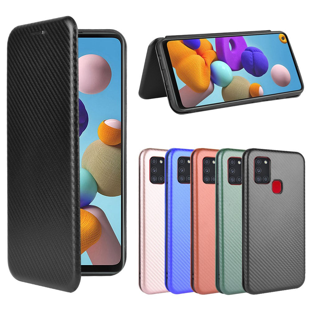 Carbon Fiber Card Slot Auto-absorbed Leather Cover for Samsung Galaxy A21s