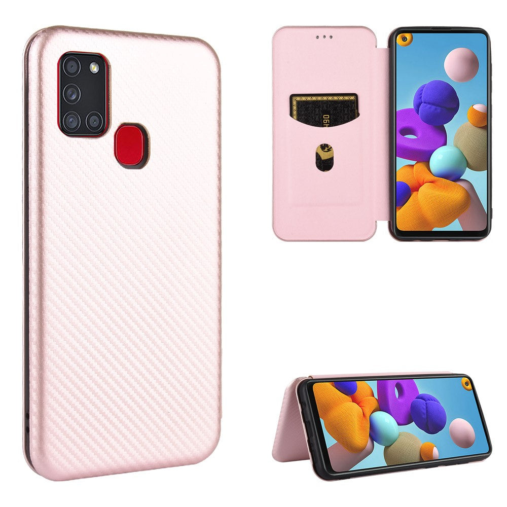 Carbon Fiber Card Slot Auto-absorbed Leather Cover for Samsung Galaxy A21s