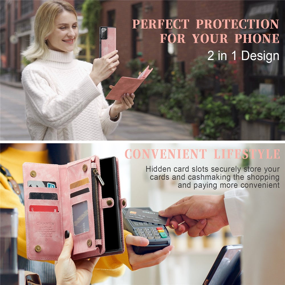 CASEME 008-serien multifunktionellt 2-i-1-fodral i PU-läder med dragkedja för Samsung Galaxy Note20 / Note20 5G
