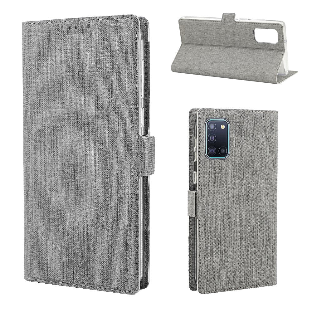 VILI DMK Läderplånboksfodral med korsstruktur och dubbelt magnetiskt spänne för Samsung Galaxy A31