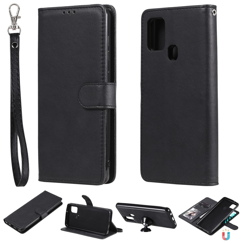 Til Samsung Galaxy A21s cover 2 i 1 aftageligt magnetisk læderpung mobilcover med rem