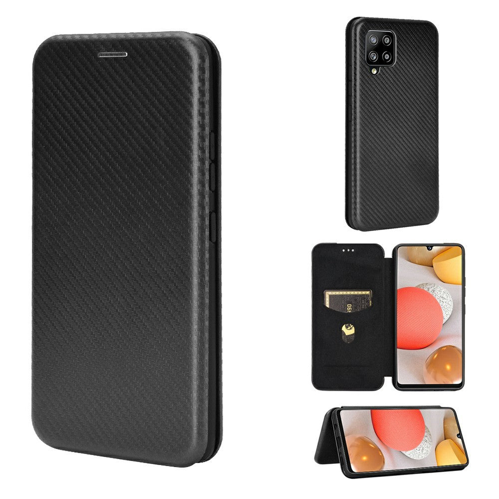 For Samsung Galaxy A42 5G Carbon Fiber Texture Leather Phone Case Auto-absorbed Phone Flip Protective Cover with Card Holder