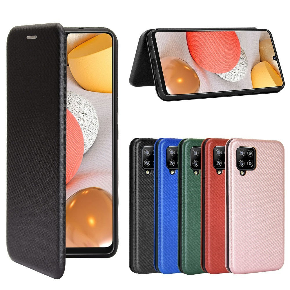 For Samsung Galaxy A42 5G Carbon Fiber Texture Leather Phone Case Auto-absorbed Phone Flip Protective Cover with Card Holder