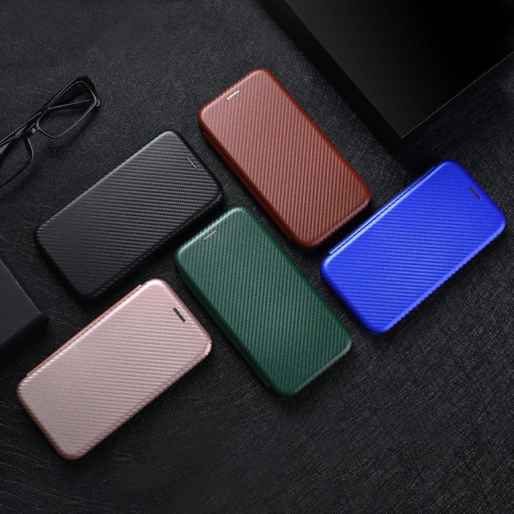 For Samsung Galaxy A42 5G Carbon Fiber Texture Leather Phone Case Auto-absorbed Phone Flip Protective Cover with Card Holder