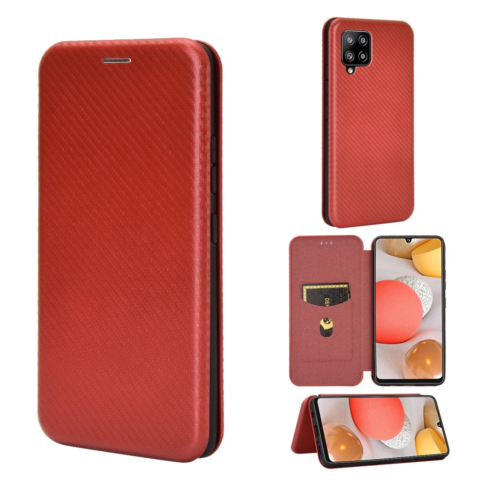For Samsung Galaxy A42 5G Carbon Fiber Texture Leather Phone Case Auto-absorbed Phone Flip Protective Cover with Card Holder