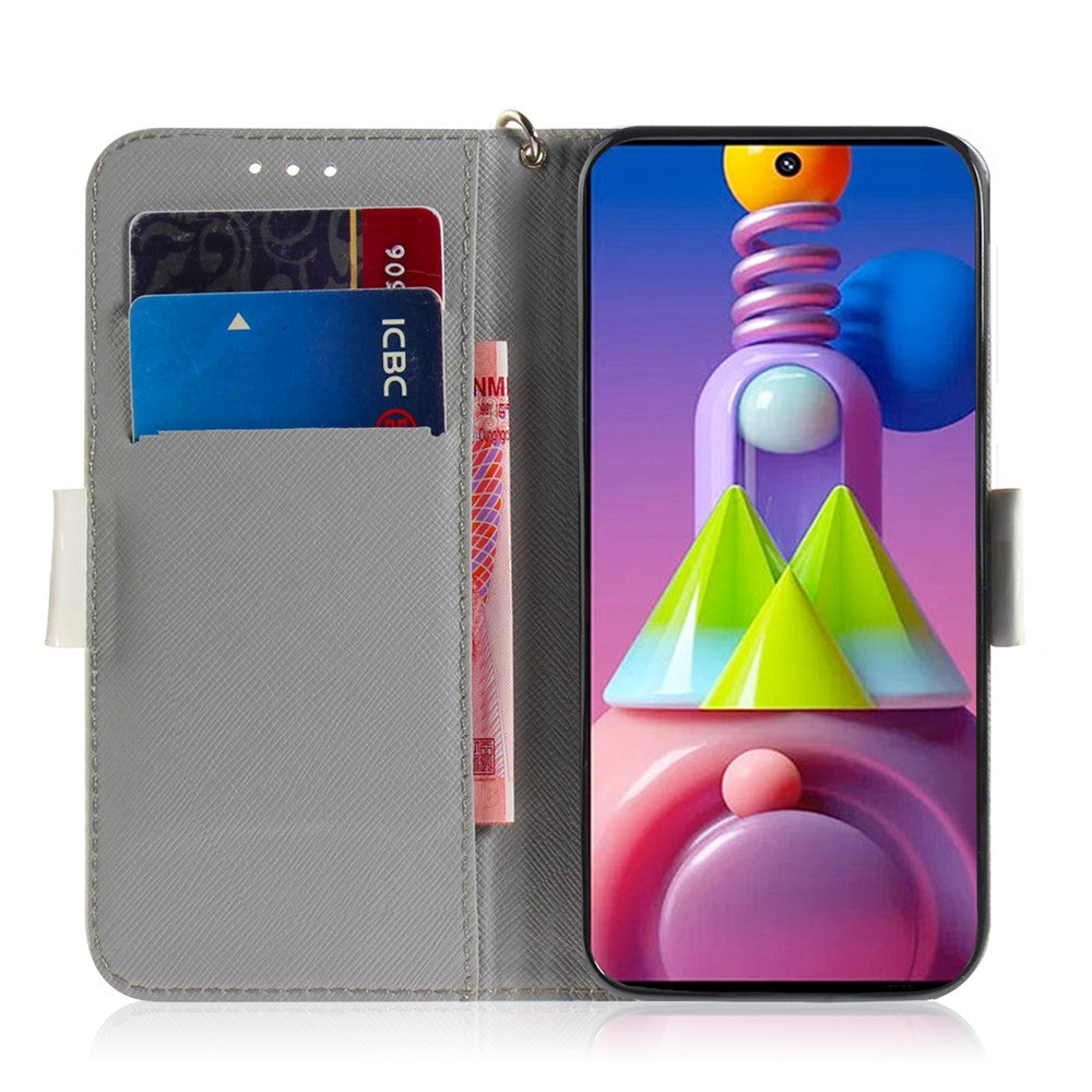 Light Spot Decor Mønster Printet Pung Læder Telefoncover med Rem til Samsung Galaxy M51