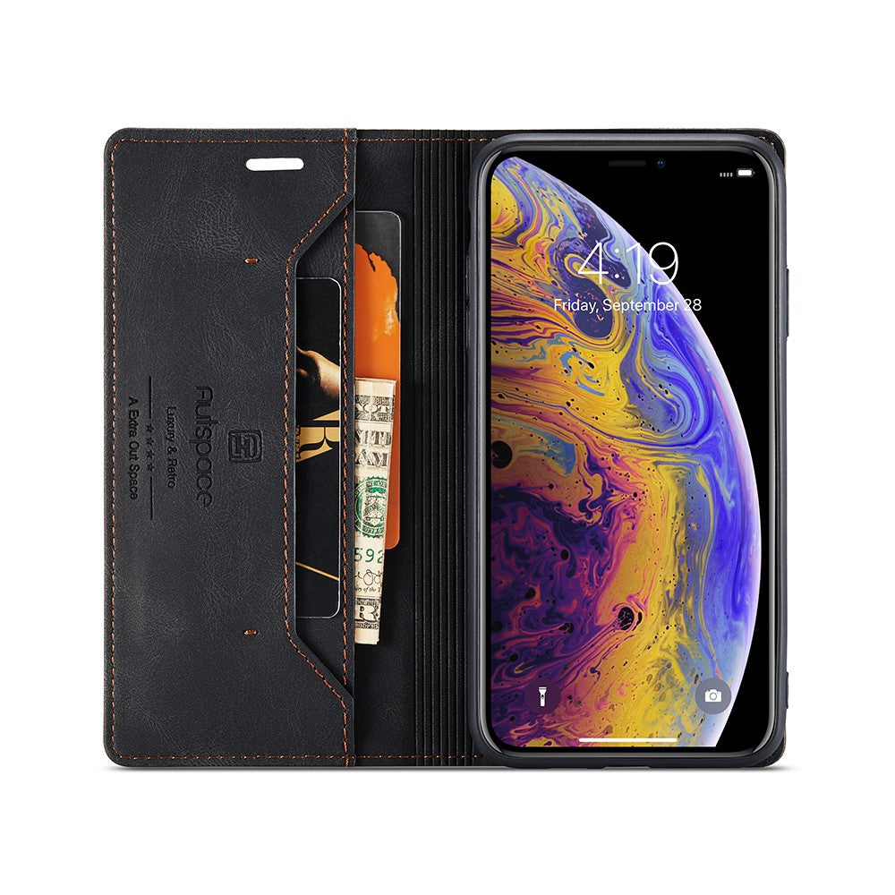 AUTSPACE A01 Series RFID Blokerende Retro Mat Pung Læder Etui til iPhone XS Max 6.5 tommer
